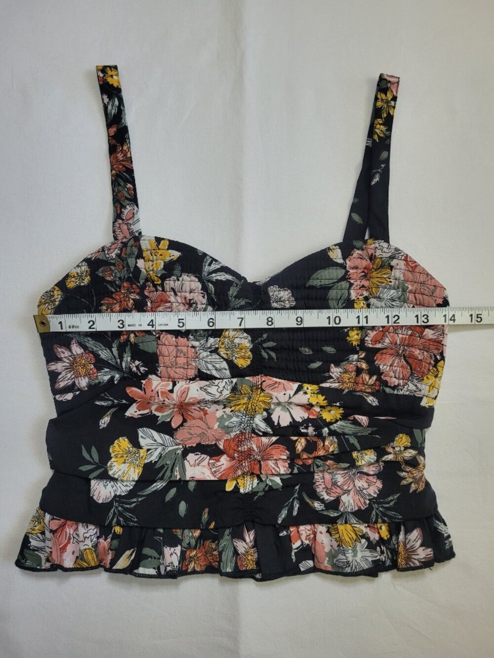 BOG Collective Black Floral Smocked Ruffle Crop Top Tank Small Boho - Picture 5 of 9